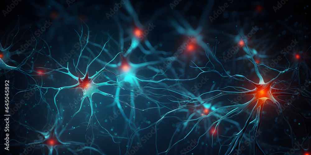 Nerve cell blue color banner, system neuron of brain with synapses. Medicine biology background. Generation AI Nerve cell blue color banner, system neuron of brain with synapses. Medicine biology background. Generation AI