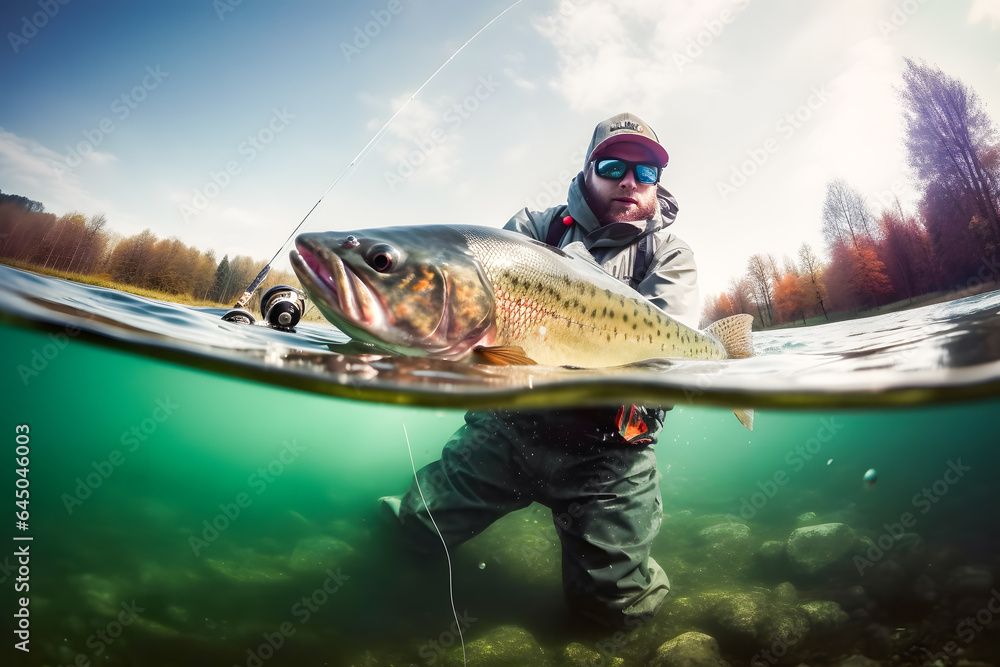 Fishing sport. Fisherman and fish trout with sunlight, underwater view. Generation AI. Fishing sport. Fisherman and fish trout with sunlight, underwater view. Generation AI.