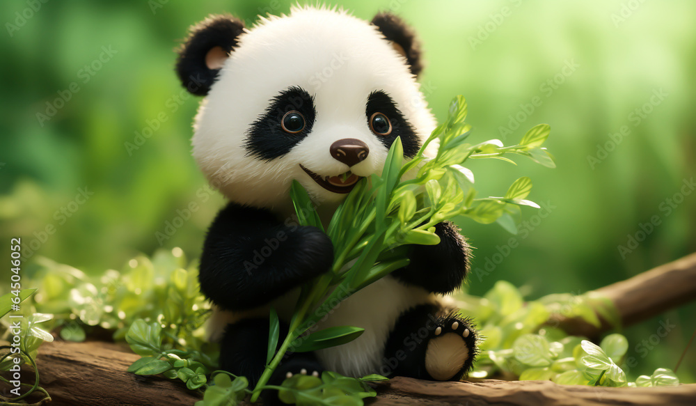 Funny cartoon of baby giant panda eating bamboo. AI generated Funny cartoon of baby giant panda eating bamboo. AI generated