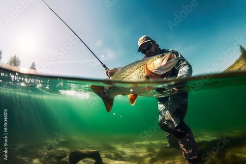 Fishing sport. Fisherman and fish trout with sunlight, underwater view. Generation AI.