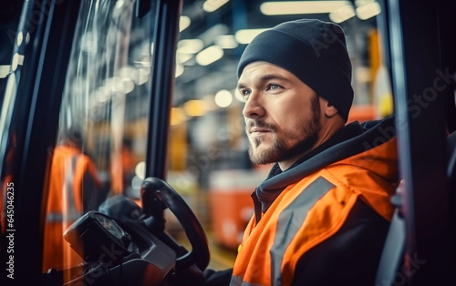 Man warehouse worker drives a forklift in a logistics warehouse