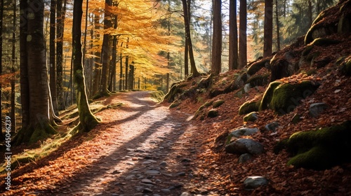 Colorful autumn forest pathway backgrounds.