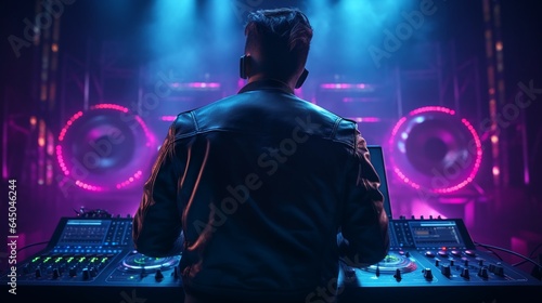 Young male DJ in leather black jacket plying music with neon light effect on stage, back view .