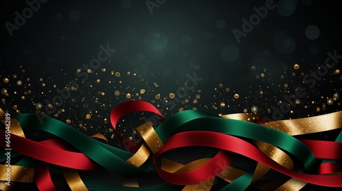 Luxry silky ribbon piles texture background, Christmas green, red and golden ribbon banner, gift idea backgrounds with copy space. photo