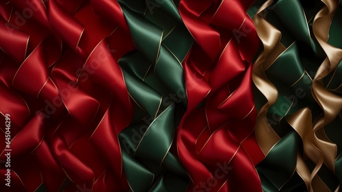 Luxry silky ribbon piles texture background, Christmas green, red and golden ribbon banner, gift idea and Merry Christmas backgrounds .