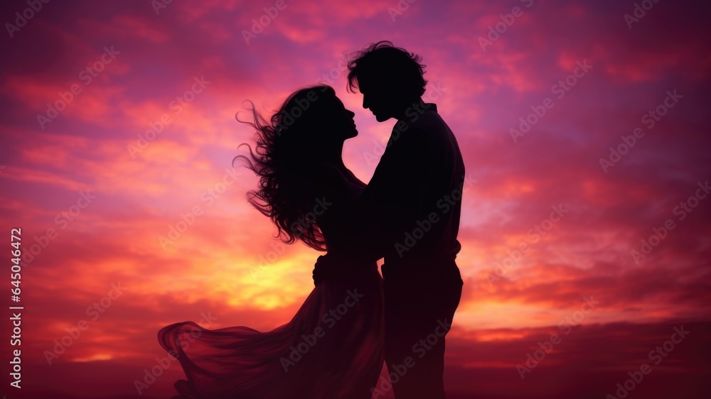 Silhouette of romantic couple at sunset, happy anniversary wallpaper with copy space for text