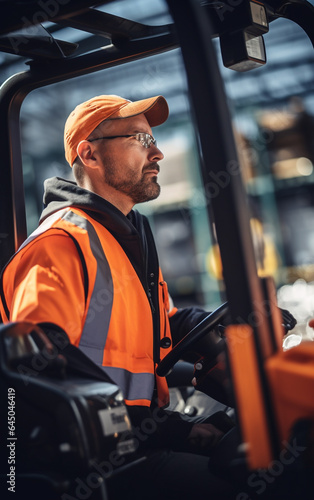 Man warehouse worker drives a forklift in a logistics warehouse