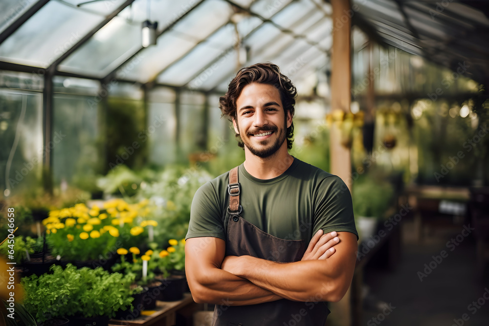 A good-looking young man who is a florist and gardener is posing inside a greenhouse. He's the owner of a small flower shop. A good-looking young man who is a florist and gardener is posing inside a greenhouse. He's the owner of a small flower shop.