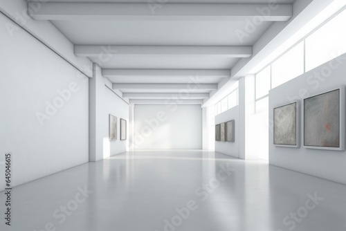 Empty gallery with white wall mockup. Sunny modern museum. Big stand mockup with contemporary art exhibitions. Wide banner exposition template. Generative AI