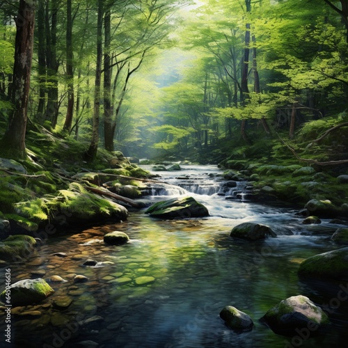 A gentle stream winding through a peaceful forest  creating a sense of serenity. 