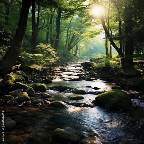 A gentle stream winding through a peaceful forest  creating a sense of serenity. 