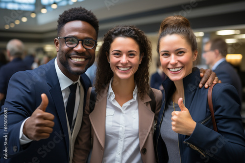 People, business, lifestyle concept. Portrait of multicultural business team. Various cultures employees posing to camera in conference, exhibition event or company hall. Happy emotions. Generative AI