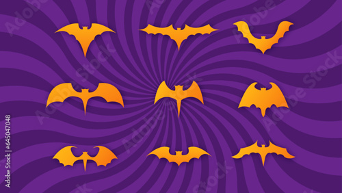 Halloween set of silhouette bats in orange and yellow colors with dark spooky gradient background. Vector Icons.