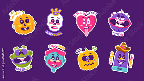Set of 8 Cartoon Halloween Stickers in bright colors. 2 pimpkins, heart, zombie, skull, gravestone, vampire and other funny scary characters.