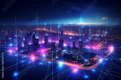 Night cityscape with neon lights and a top view, showcasing a smart city and communication network concept. Generative AI