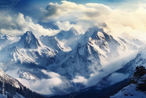 Snowy winter panorama of Tatra mountains. Generative AI © Daria
