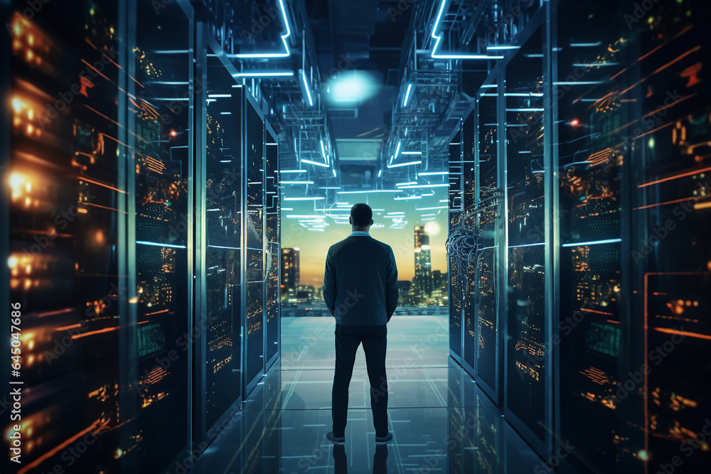 Generative ai collage image photo of professional it specialist analyzing data warehouse room Generative ai collage image photo of professional it specialist analyzing data warehouse room