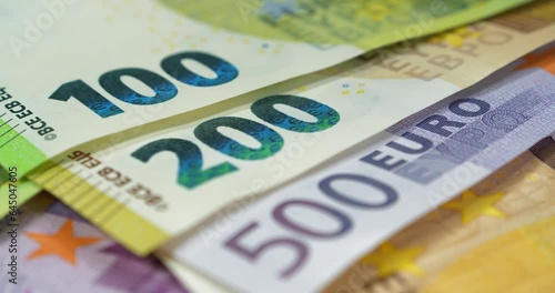 Euro banknotes of various denominations. Banknotes 100, 200, 500 Euro. Real euro money of various colors and nominals and metal coins