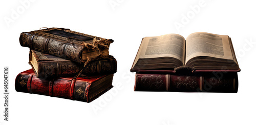 collection of piles of old books. transparent PNG file. 