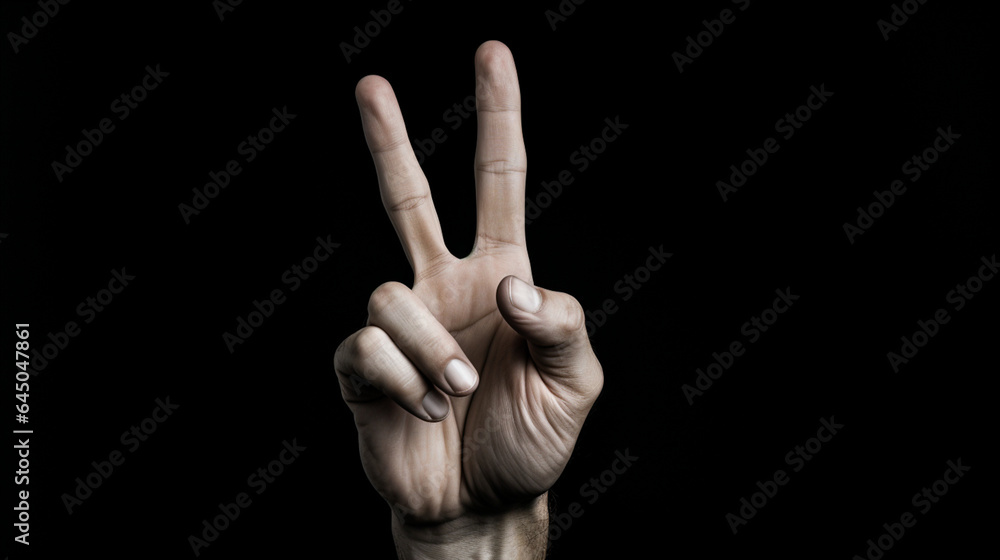 Hand showing peace sign isolated on black background