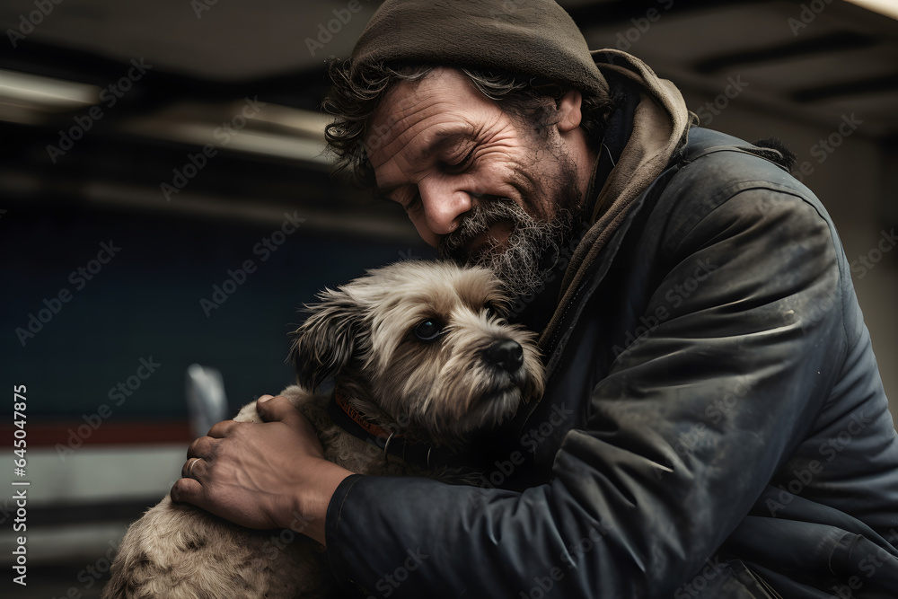 Fototapeta premium Portrait homeless dirty tramp hugging his dog. Concept friendship lifestyle. Generation AI