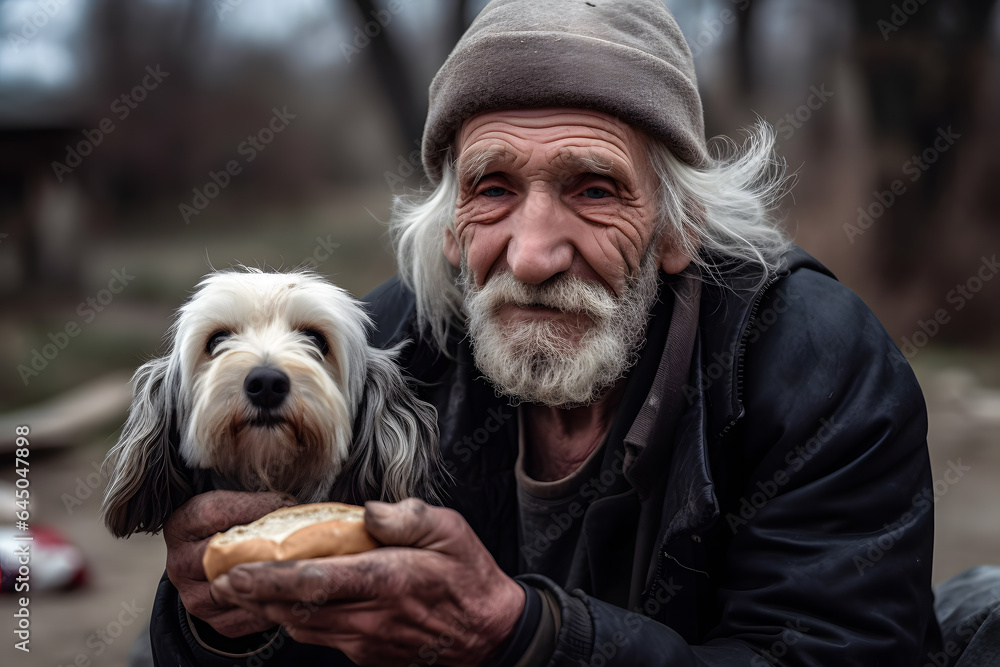 Homeless dirty tramp man feeding his friend dog piece of bread. Concept friendship lifestyle. Generation AI. Homeless dirty tramp man feeding his friend dog piece of bread. Concept friendship lifestyle. Generation AI.