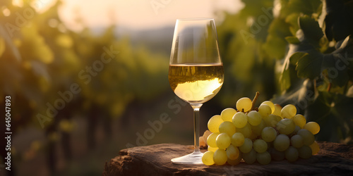 Glass of white wine with bunch of grapes on wooden background, sunset banner. Generation AI. photo