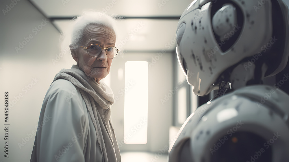 Elderly care robot in intelligent hospital. Concept AI artificial intelligence, services and health with future droid nursing Bot. Generation AI - obrazy, fototapety, plakaty 