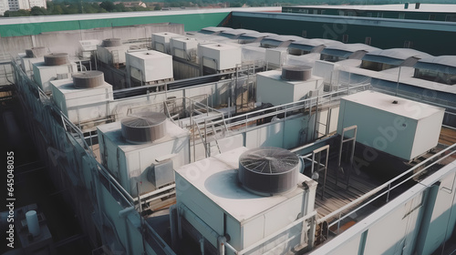 Industry equipment Air conditioning of plant, drone aerial top view of roof. Generation AI