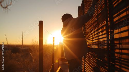 Illegal border crossing by migrant over fence between Mexico and United States. Generation AI