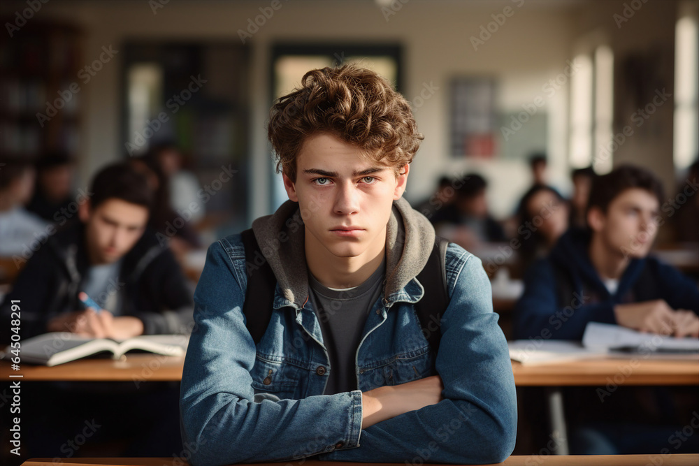 Generated by AI photography of a depressed school boy sitting alone at the desk listening to lessons suffering from discrimination in college Generated by AI photography of a depressed school boy sitting alone at the desk listening to lessons suffering from discrimination in college