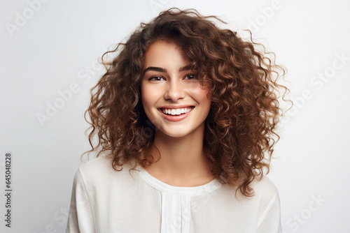 Generative AI photo of positive joyful lovely girl with bright toothy smile wavy hair good mood isolated on white background
