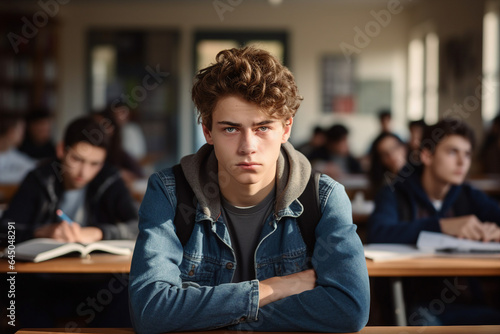 Generated by AI photography of a depressed school boy sitting alone at the desk listening to lessons suffering from discrimination in college