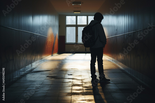 Generative AI photo of an upset unhappy young person suffering from depression and bullying in dark school corridor