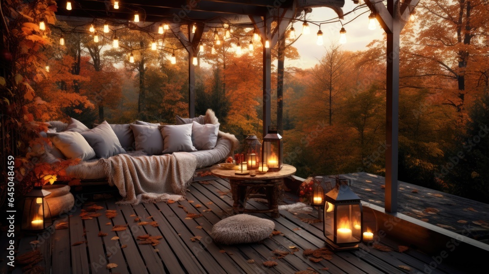 A wooden deck with a couch and lanterns on it