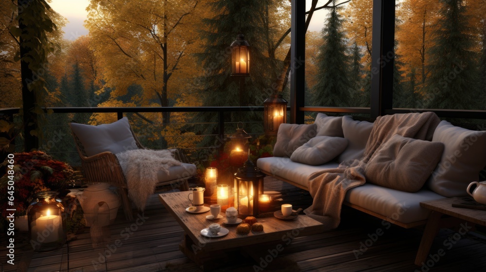 A wooden deck with a couch and a table with candles on it