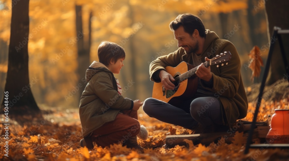 A man playing a guitar next to a little boy A man playing a guitar next to a little boy