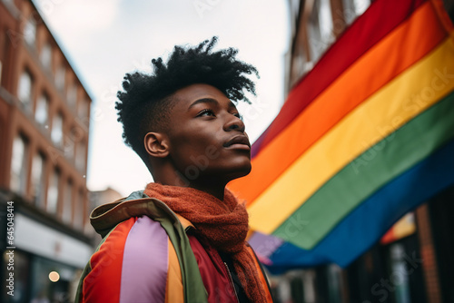 Generative AI picture of handsome smiling black skin guy queer at LGBT parade outdoor © Tetiana