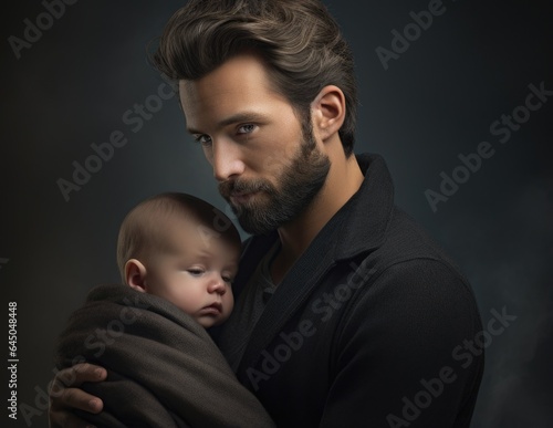 A man holding a baby wrapped in a blanket