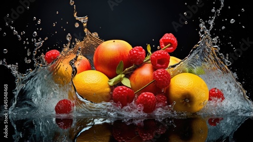A bowl of fruit with water splashing on it