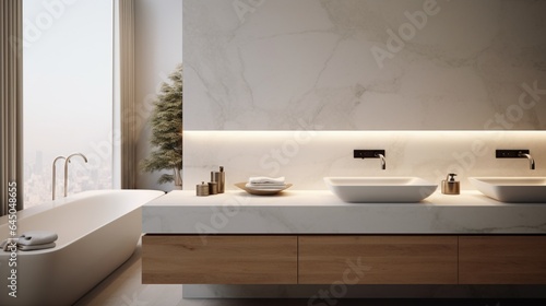 A minimalist bathroom with alabaster sink countertops  creating a sense of modern luxury