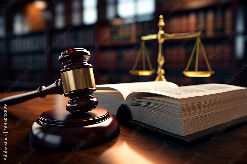 Judges wooden gavel with EU flag in the blurred background generative ai picture Judges wooden gavel with EU flag in the blurred background generative ai picture