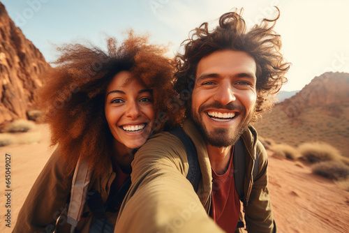 Generative AI image of funny couple traveling together in beautiful nature enjoying summer autumn season and taking selfies © Tetiana