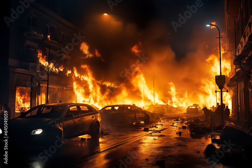 Pogroms and riots in night city. Broken cars on fire