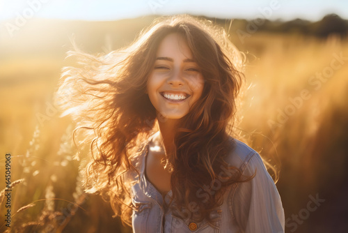 A young, cheerful woman is standing in a field with sunlight gleaming through her hair.