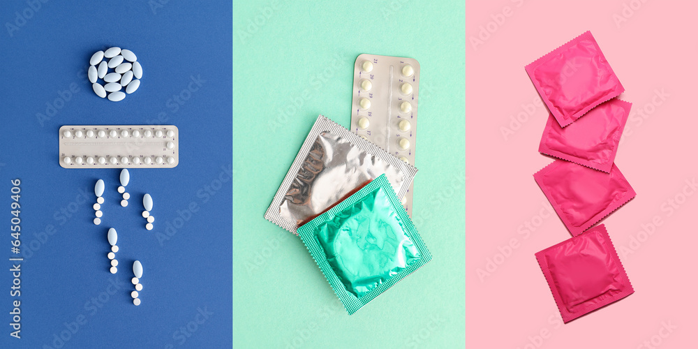 Collage of different contraceptives on color background Collage of different contraceptives on color background
