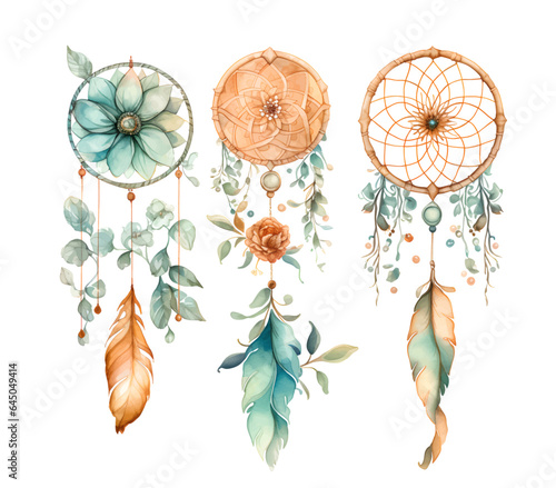 Watercolor dream catcher with pink flower. pink flower arrangement.