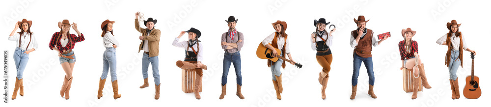 Collage of stylish cowboys and cowgirls on white background Collage of stylish cowboys and cowgirls on white background