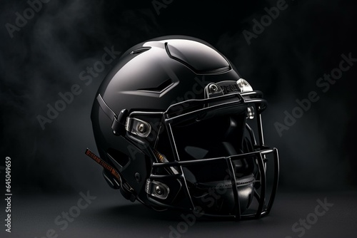 Dark background with black football helmet in 3D render. Generative AI