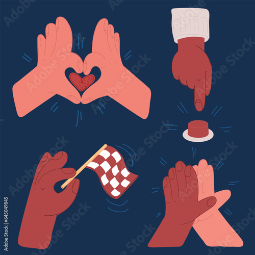 Cartoon vector illustration of Big set of Colorful Hands holding stuff. Different gestures. Hands with cup, magic wand, banner, money, wine glass, microphone, star, etc.
